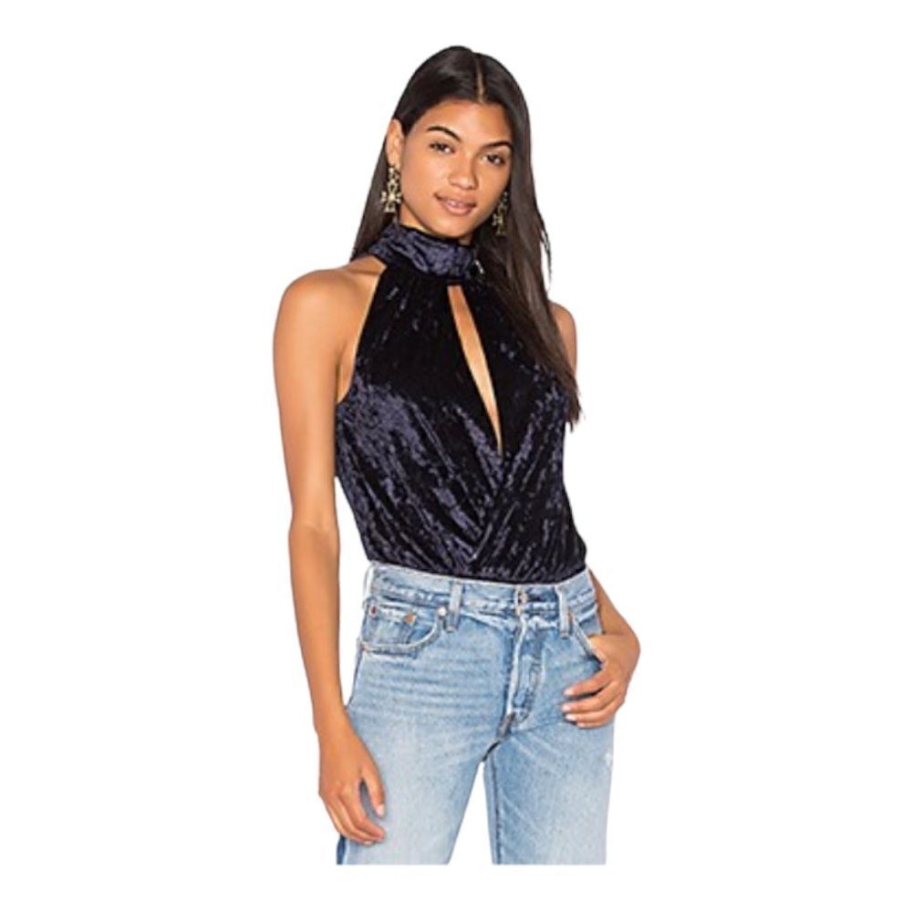 Central Park West x Revolve Blue Ocean Drive Velvet Keyhole 90s Bodysuit SZ S